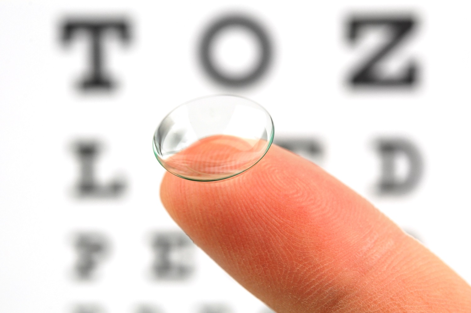 Close-Up of Contact Lens on Finger with Eye Chart – Contact Lens Exams A clear contact lens rests on a fingertip, positioned in front of a blurred eye chart. The image highlights the importance of accurate prescriptions and proper handling for successful contact lens wear – Contact Lens Exams.